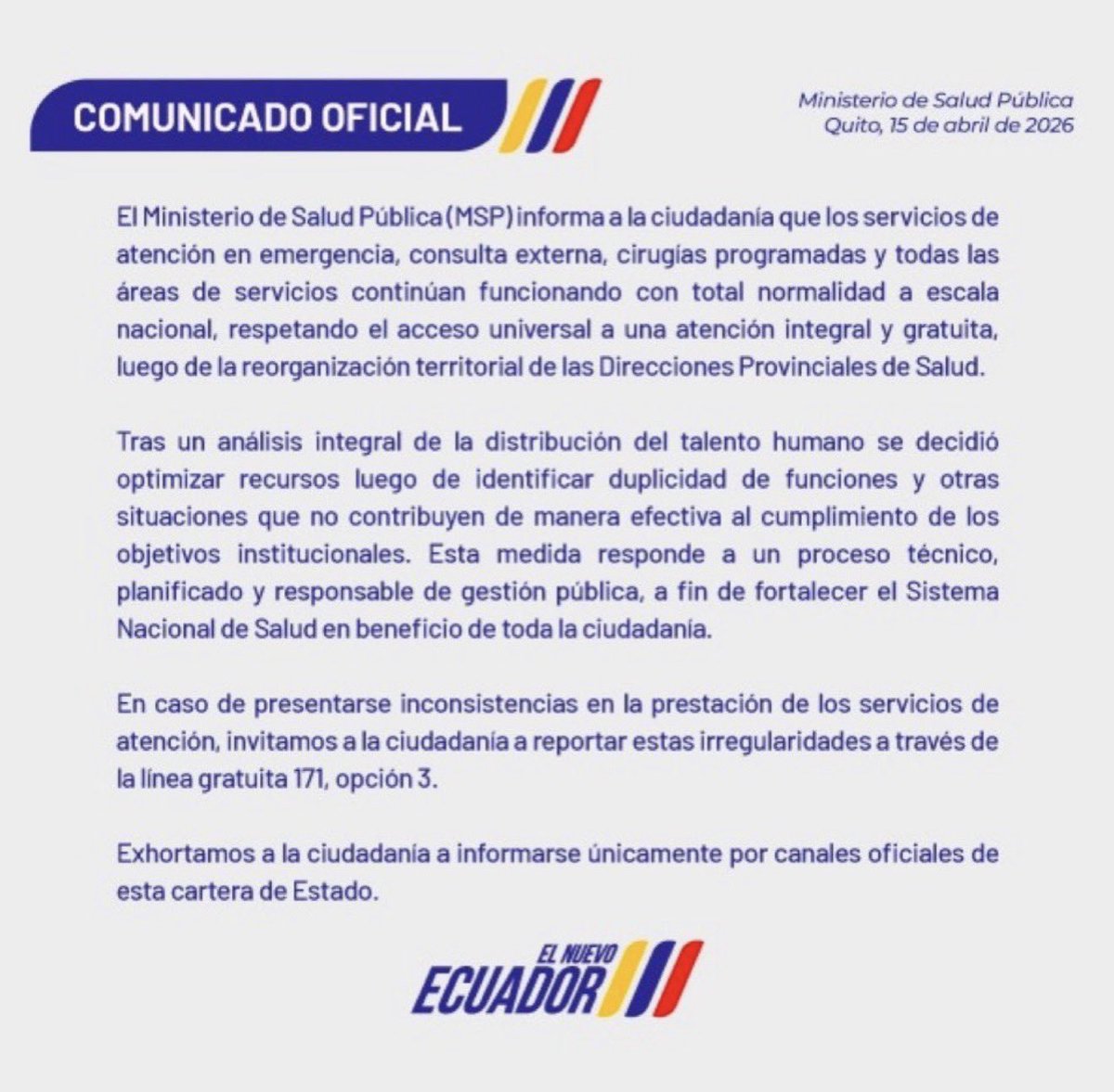 🚨El gobierno, dando estricto cumplimiento a los acuerdos con el FMI, continúa despidiendo servidores, el problema que ahora lo hace en el Sistema Nacional de Salud Pública, en medio de una profunda e histórica CRISIS ESTRUCTURAL. 🚨

Infamemente pretenden justificar los DESPIDOS