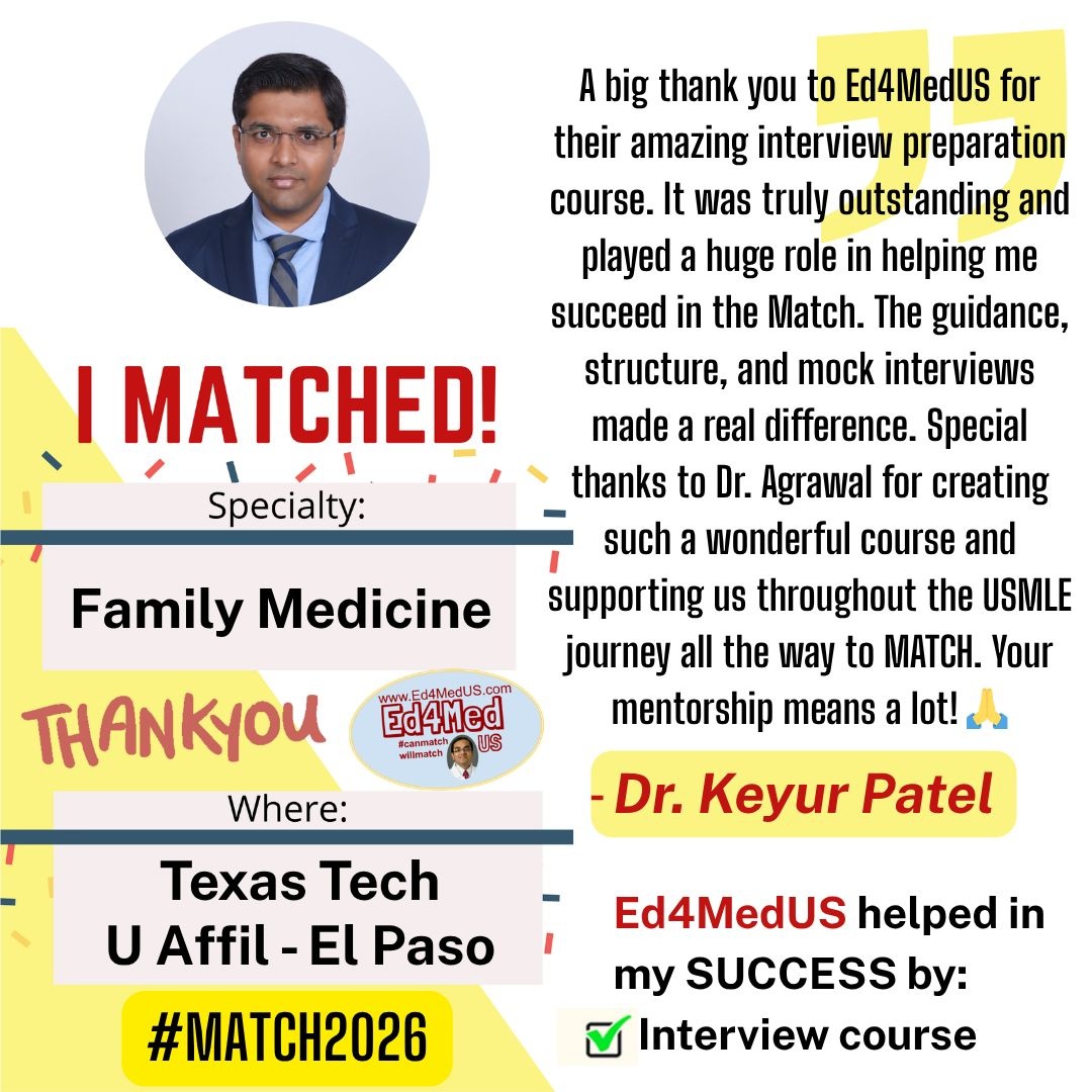 Ed4MedUS's tweet image. Congrats #Match2026 doctors! @keyurpatel2209

If you want to be featured in #Match2027, contact @Ed4MedUS today!

#Match2027 #ECFMG #IMG #ResidencyInterview #residency #USMLE #Personalstatement #Match2026