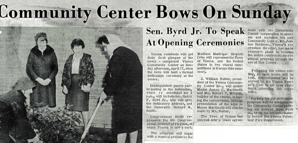 TownofViennaVA's tweet image. The Vienna Community Center is turning 60 this week! Ahead of Friday’s 60th anniversary open house, we’re looking back at the dedication ceremony on April 17, 1966.  Attendees saw the Madison High School Madrigals perform and heard remarks from elected leaders. #WayBackWednesday