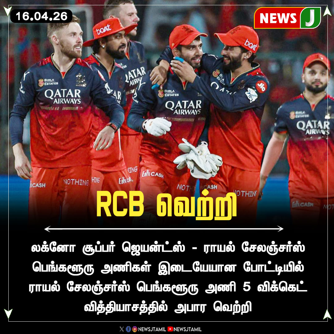 NewsJTamil's tweet image. #NewsUpdate || RCB வெற்றி

#RoyalChallengersBengaluru #LSGvsRCB #IPL #IPL2026 #CricketUpdate #NEWSJ