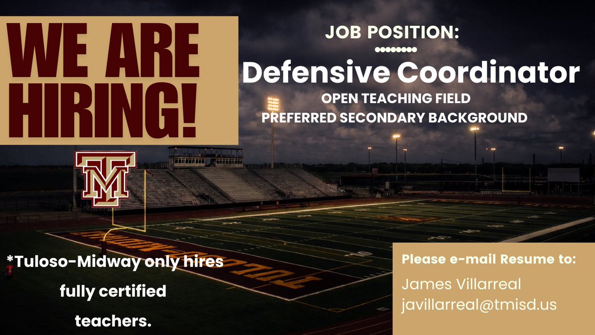 Coach_V_'s tweet photo. Tuloso-Midway is hiring a Defensive Coordinator!! Come be a part and lead the SWARM defense. 

Competitive Pay &amp; Stipends
TIA offered 
Secondary Experience Preferred*
Open Teaching Field 
Will be running 4-2-5 defense 

resume to javillarreal@tmisd.us 

@Matt_Stepp817 https://t.co/hApOARDvA5