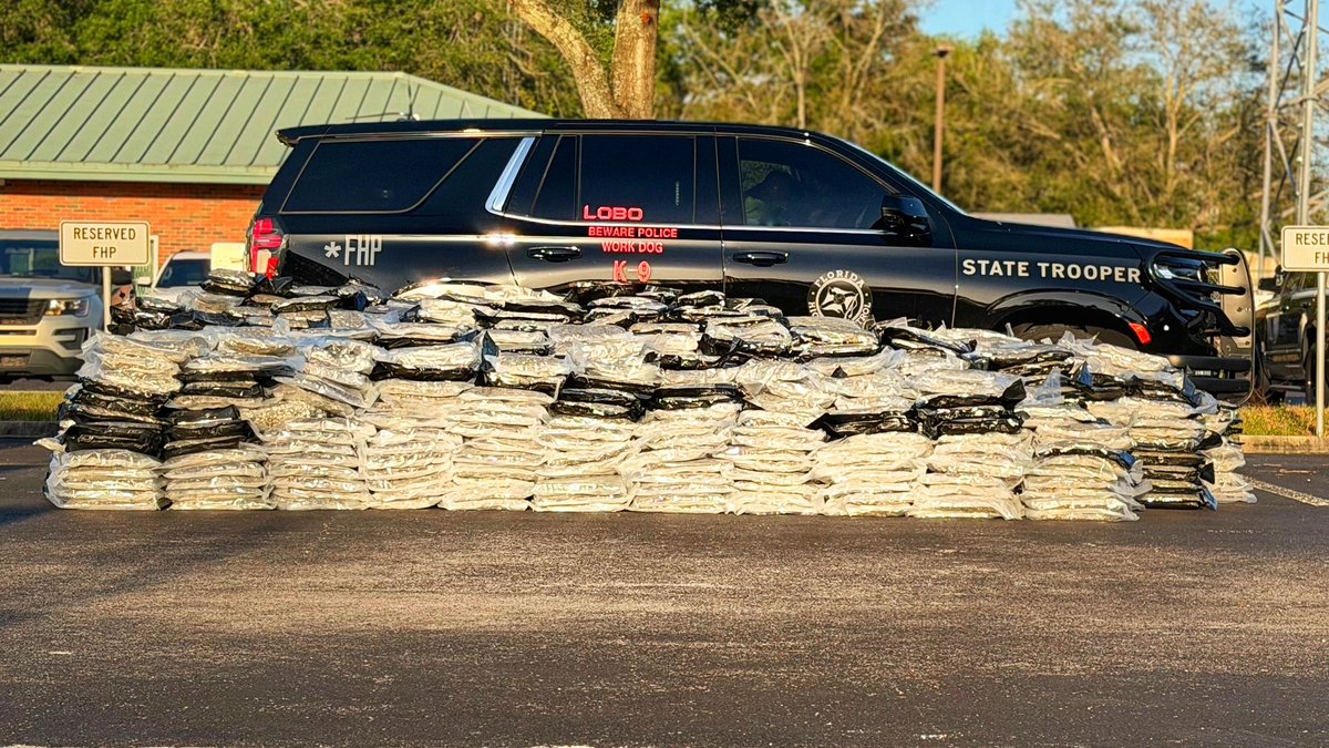 FHPTampa's tweet photo. Give That #Dog a Bone...Or maybe 2!!!
#FHP #StateTrooper #K9 #Lobo strikes again, much to the chagrin of a 55-year-old Largo man traveling on I-75 in #Sumter County #Florida with 2,025 pounds of marijuana...
#NotTodayBoss #NiceTry #BadMove https://t.co/5i1w5KU66d