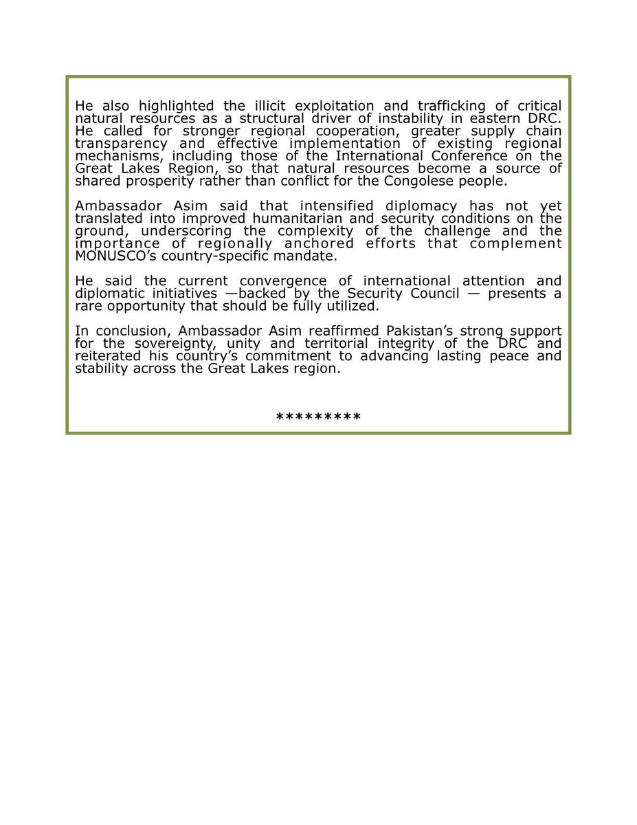 #PakistanAtUNSC 

Pakistan Calls for Urgent Ceasefire and Accelerated Diplomacy to Stabilize Eastern DRC

- Our Press Release today