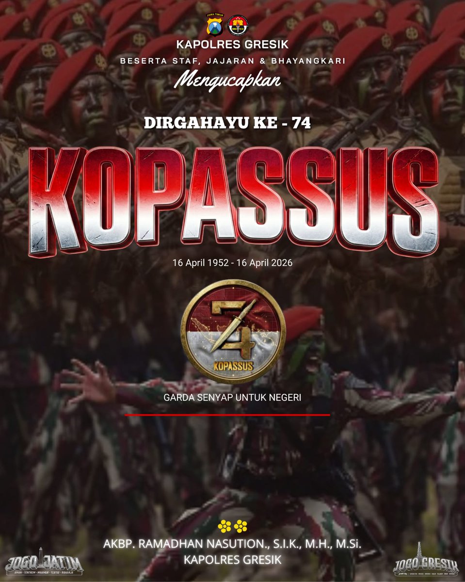 SekPangkahGrs's tweet image. DIRGAHAYU KOPASUS KE-74
"Garda Senyap Untuk Negeri"
-16 April 2026-

@polresgresik_official @rama.nasution07 

#spartan #polsekujungpangkah #mapolsekujungpangkah #polresgresik #poldajawatimur