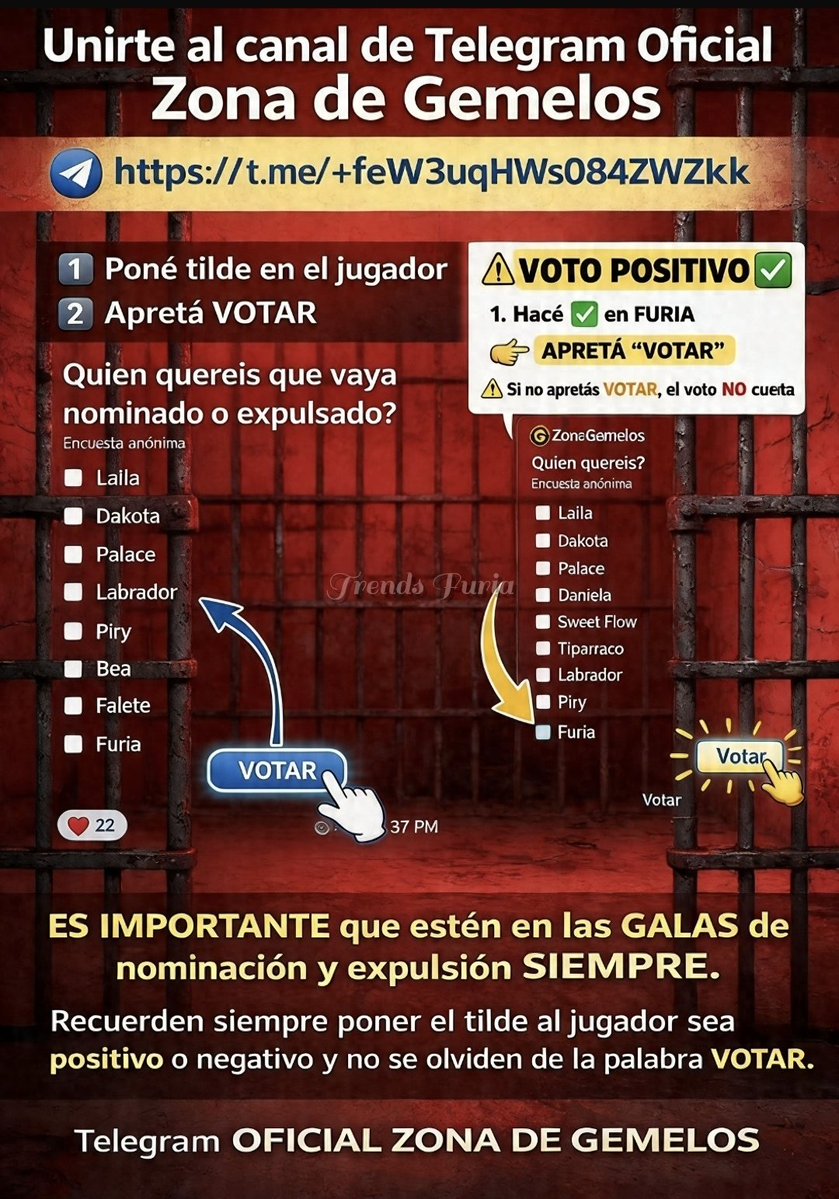 📌 ATENCION! 📌
MAÑANA GALA DE E͢ X͢ P͢ U͢ L͢ S͢ I͢ Ó͢ N͢  
Voto POSITIVO, se vota para SALVAR a través de TELEGRAM 👇

 t.me/c/1675579015/9…

#FuriaCarcelGemelos2
#CARCELGEMELOS4

⚠️ ES MUY IMPORTANTE QUE ESTEN SUPER ATENTOS, PORQUE SON VOTACIONES DE 3-5 MINUTOS ⚠️
