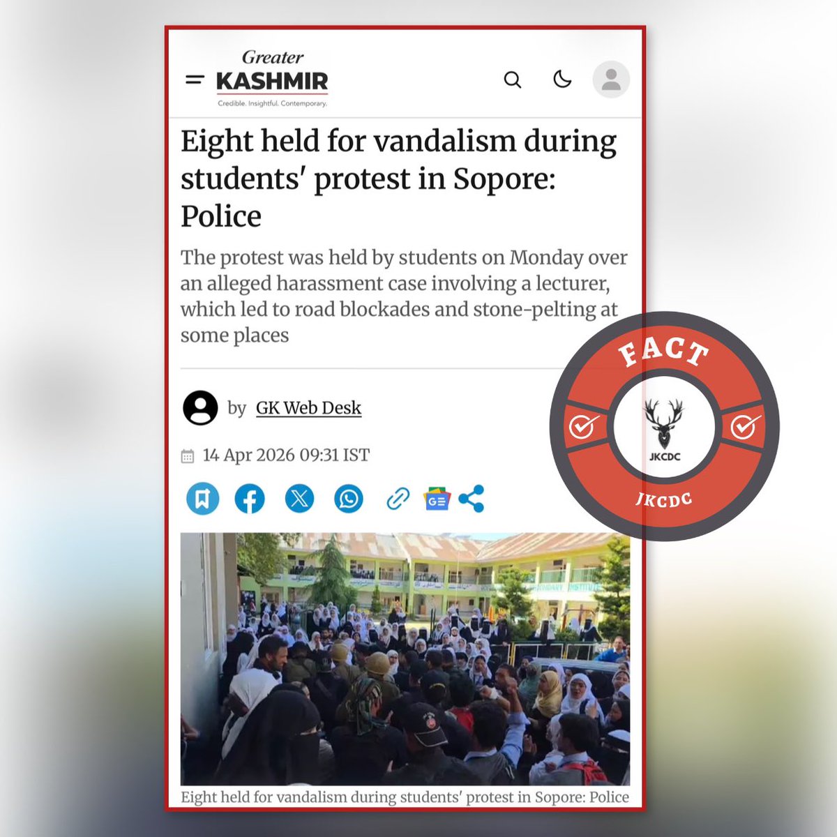 JKCDC_'s tweet image. Propaganda Alert🚨

#FactCheck: Pakistan-backed propaganda handles are pushing an anti-India narrative claiming “innocent students” were arrested in Sopore and labeling lawful action as “STATE TERRORISM.”

This narrative is misleading, selective, and deliberately distorted. (1/5)