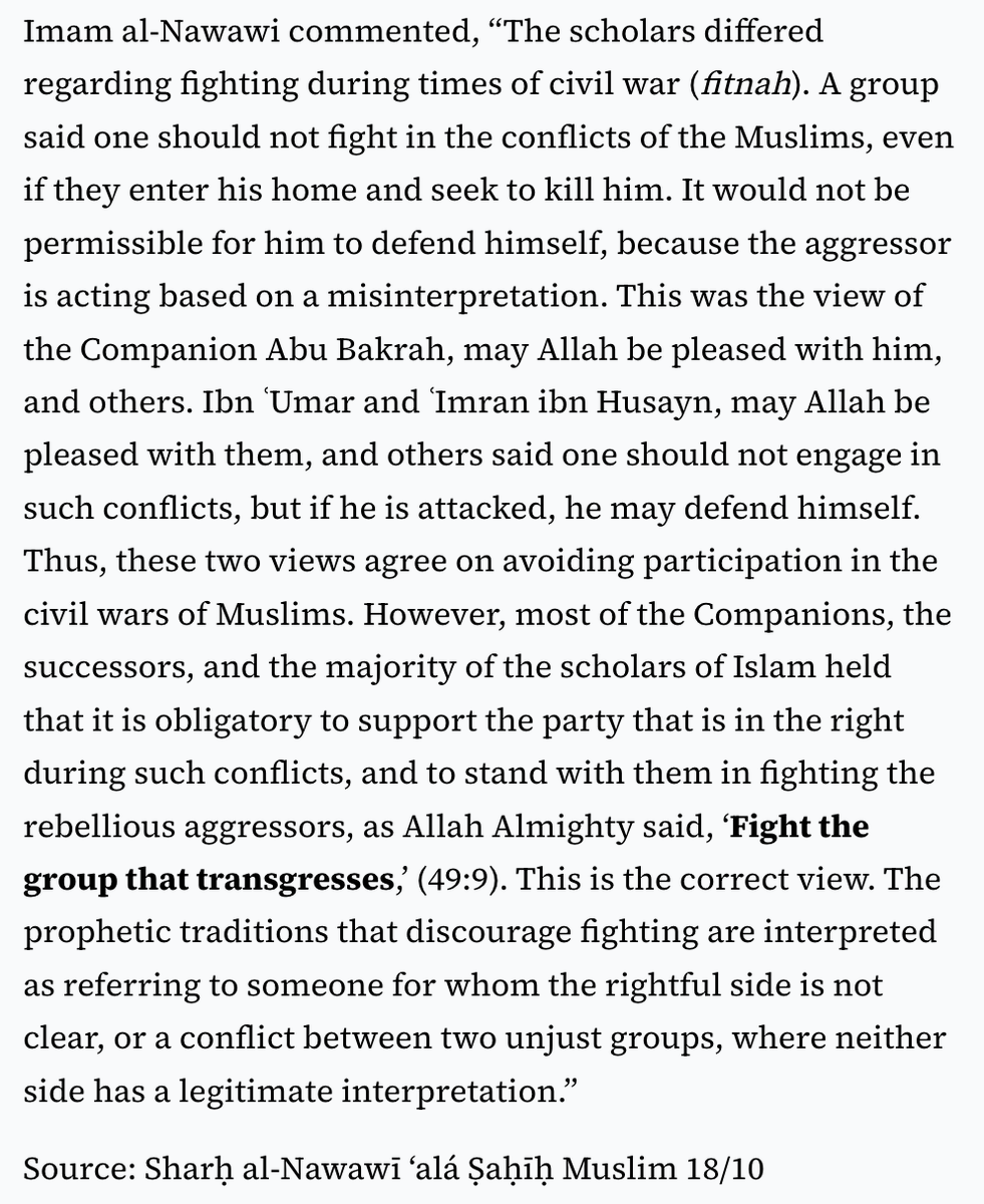 DiogenisCynic's tweet photo. @adam7867863 If in relation to other muslims, then yeah. Preservation of life is one of the maqasid of the Shariah, but in this case of tribulation, you should avoid contributing to the shedding of blood if you're uncertain of who is in the wrong https://t.co/VTGKQXfHbw