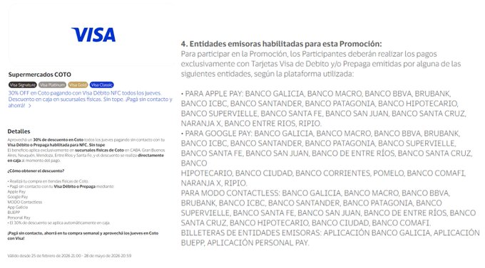 ahorrotwit's tweet image. Todos los jueves hasta 28/5, paga con @VisaArgentina #Contactless débito/prepaga desde el celular tenés 30% OFF en @Coto_Ar SIN TOPE!! 💥🛒💸

Pero alerta: descuento en caja, no acumula y solo aplica a poquísimos productos 😡 ¡Compartí si te pasó! #Ahorro #Visa #Coto