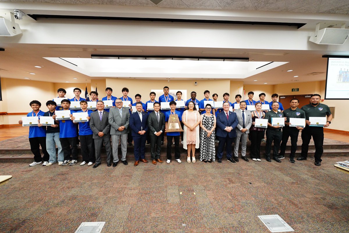 SocorroISD's tweet photo. Trustees honored the Americas High School boys’ soccer team for an electrifying season, sweeping the 2-5A District, Bi-District, Area, Regional Semi-Final, and Regional Final championships and reaching the UIL State Final Four for the second consecutive year! The team finished an outstanding 22–3 overall and 11–1 in district play, earning #1 in El Paso, #3 in Texas 5A, #10 statewide, and #78 nationally. Way to go, Trailazers!