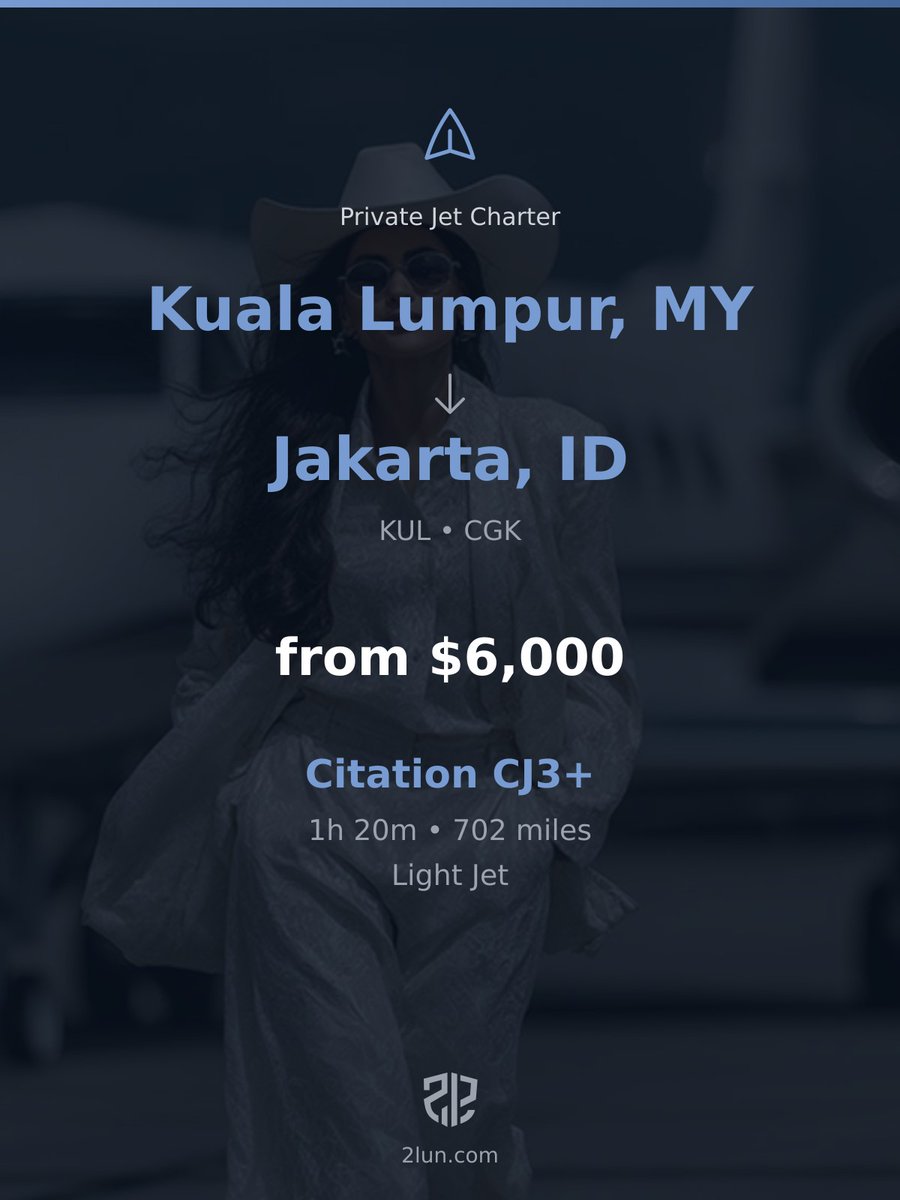 2lunjet's tweet image. 🇲🇾 Kuala Lumpur → Jakarta 🇮🇩
Private Jet Charter

1h 20m | 702 miles | From $6,000

Book your flight:
2lun.com/route/wmkk/wiii

#JetSetLife #PrivateJetCharter #PrivateJet