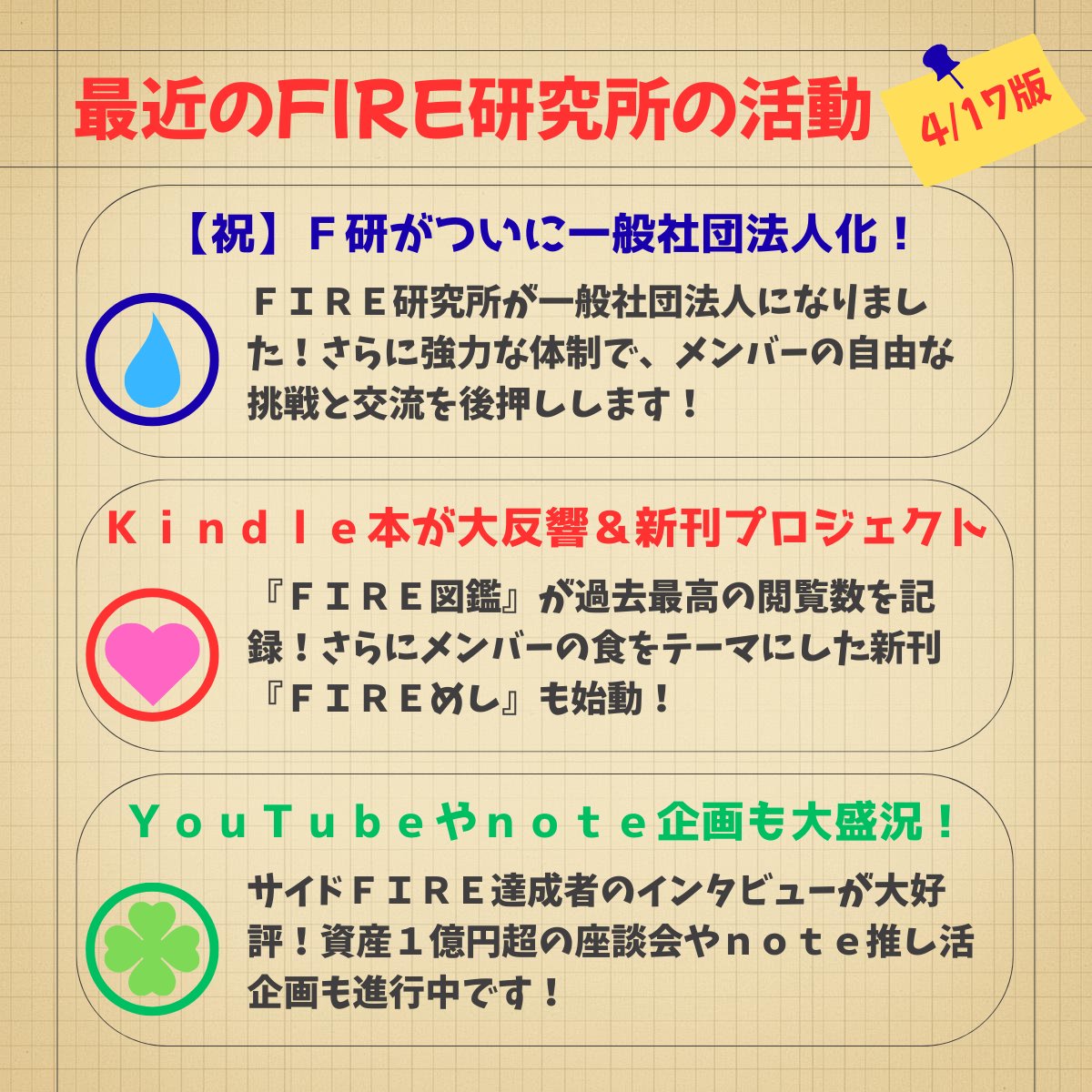 大人の部活、本気で楽しんでます🔥

FIRE達成者の食をまとめる新刊『FIREめし』企画が始動！推し活noteやオフ会等、リタイア後の居場所として進化中✨
勢い余って「一般社団法人」にもなりました🏢

フォローして次回案内をお待ちください👉 <a href="/FireKenkyujo/">FIRE研究所</a> 

 #FIRE #早期リタイア