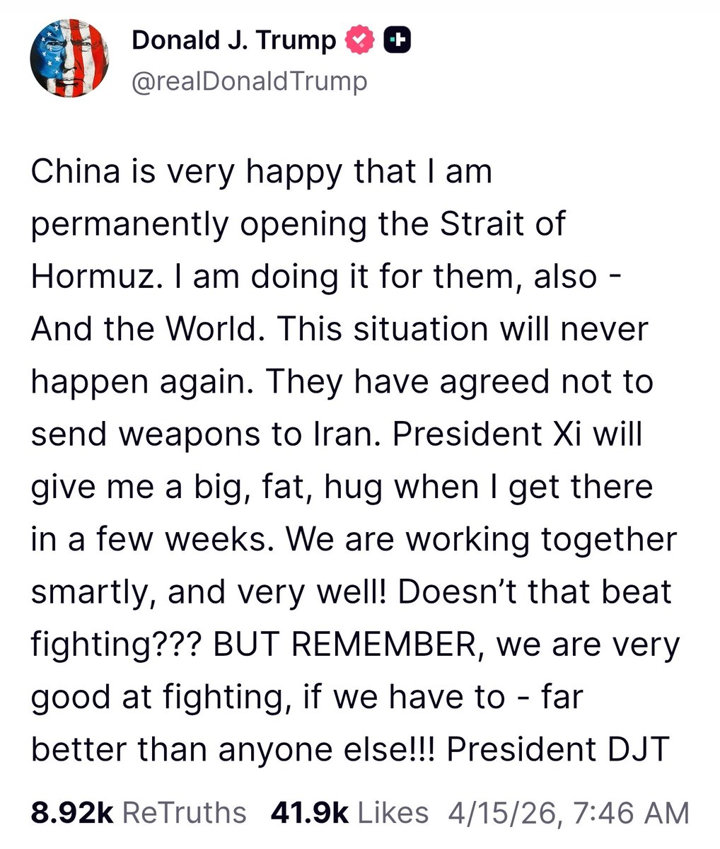 Original post by <a href="/realDonaldTrump/">Donald J. Trump</a> via Truth Social 4/15/26
#DonaldTrump #IranWar #USIranConflict #USATOONZ