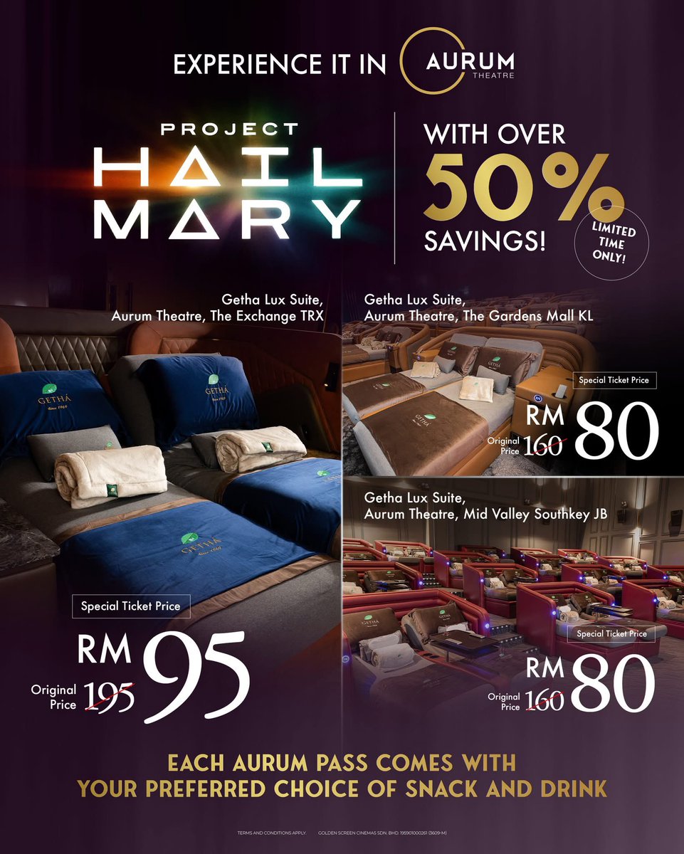 GSCinemas's tweet photo. Amaze, Amaze, Amaze! โจCatch #ProjectHailMary in Malaysiaโs most luxurious halls with over 50% savings for a limited time ๐๐ช๐ฒ๐พ
Sink into plush reclining beds and cosy blankets as you follow Grace and Rocky on their epic adventure ๐จ๐ปโ๐๐ชจ Your #Getha Lux Suite Pass also comes with a snack and drink of your choice ๐ฟ๐ฅค
๐๏ธ Secure your best seats now at #AurumTheatre and see you on the big screen this week! ๐ฌ
#RyanGosling #Amaze #Malaysia
