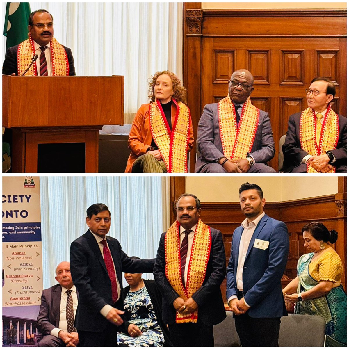 IndiainToronto's tweet photo. Consul General @MahavirSinghvii joined Lord Mahavir Janma Kalyanak celebrations at Legislative Assembly of Ontario, Queens Park, Toronto organized by the Jain Society of Toronto. The event brought the community together in reverence and shared values, reflecting on Lord Mahavir’s teachings. 

Consul General in his address, highlighted the enduring relevance of Lord Mahavir’s teachings — Ahimsa (non-violence), Anekantvad (Pluralism of viewpoints ), Aparigraha (Non-possesiveness), compassion, peace and harmony. On this occasion, Hon. Raymond Sung Joon Cho, Minister for Seniors and Accessibility and Hon. Charmaine A. Williams, Associate Minister of Women’s Social and Economic Opportunity were also present.

@HCI_Ottawa @MEAIndia @diaspora_india @RaymondChoPC @Charmomof5 @AlexaNGilmour @davidsmithmpp @Aris_Babikian