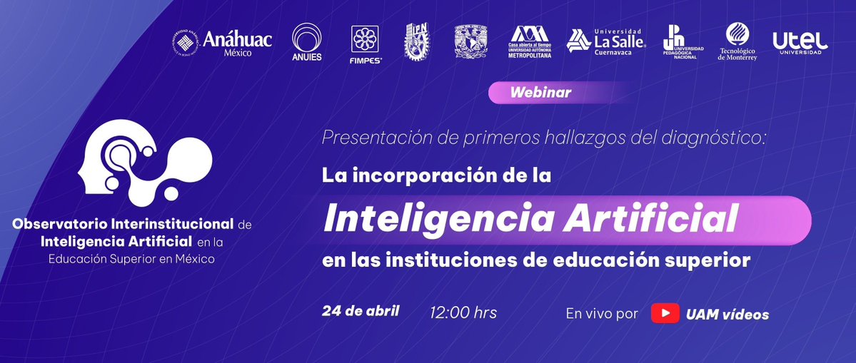 UNAMdigital's tweet image. La #IA ya llegó a la universidad. ¿Qué sigue? 🧠✨

Acompaña a las instituciones líderes de México en la presentación de los hallazgos del diagnóstico nacional sobre Inteligencia Artificial.

📅 24 de abril
🕛 12:00 horas
📺 En vivo por YouTube UAM videos

#IES #Webinar