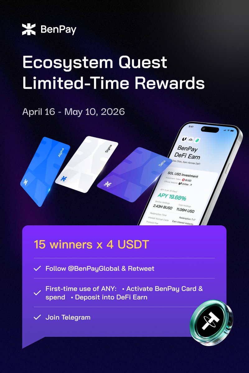 BenPayGlobal's tweet photo. 🎁BenPay Ecosystem Quest |  Limited Time Rewards

Explore the BenPay ecosystem with us:
💳 BenPay Card | 📈 DeFi Earn 

🍀 Ecosystem Experience Lucky Draw
To enter: 
✅ Complete ANY ONE of the following for the FIRST TIME: 
• Activate your BenPay Card AND make a purchase 
（During the event, you can open a card for free for a limited time.）
• Deposit into DeFi Earn Up to 12% annualized return
✅ Follow @BenPayGlobal & retweet this post
✅ Reply with your BenPay wallet address and a screenshot of your BenPay product usage.
✅ Join our Telegram group and say “hello” 
👉 https://t.co/QrzNgW7vTu

🎲 15 winners will receive 4 USDT each
📅 Event period: April 16 – May 10
#BenPay #Giveaway