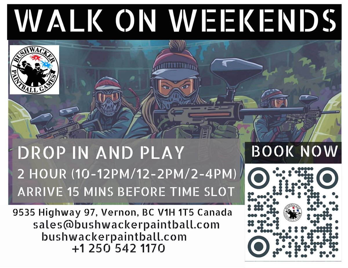 BWpaintball's tweet image. Walk-On Weekends are back at Bushwacker Paintball. Drop in for 2 hours of action at 10-12, 12-2, or 2-4. Arrive 15 mins early to gear up!
#Vernon #ExploreBC #PaintballLife #kelowna #canada