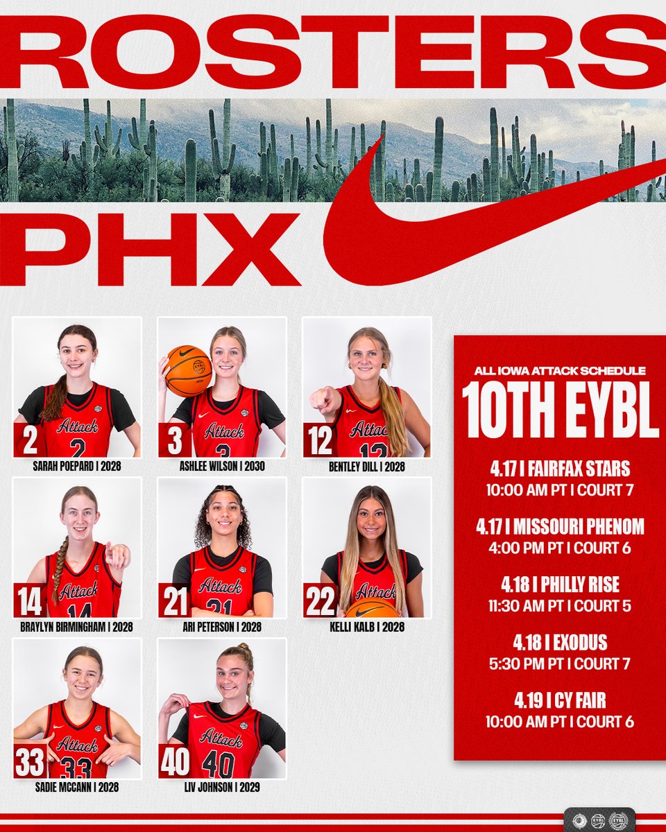 AllIowaAttack's tweet photo. 𝓐𝓟𝓡𝓘𝓛 𝓛𝓘𝓥𝓔 𝓢𝓒𝓗𝓔𝓓𝓤𝓛𝓔
Starts Friday ...

EYBL Session I
🗓️ April 17-19
📍 Phoenix, AZ

#AttackFamily x #2026EYBL
#Road2Chi https://t.co/ufiI2Bnd28
