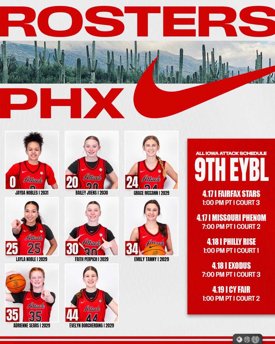 AllIowaAttack's tweet photo. 𝓐𝓟𝓡𝓘𝓛 𝓛𝓘𝓥𝓔 𝓢𝓒𝓗𝓔𝓓𝓤𝓛𝓔
Starts Friday ...

EYBL Session I
🗓️ April 17-19
📍 Phoenix, AZ

#AttackFamily x #2026EYBL
#Road2Chi https://t.co/ufiI2Bnd28