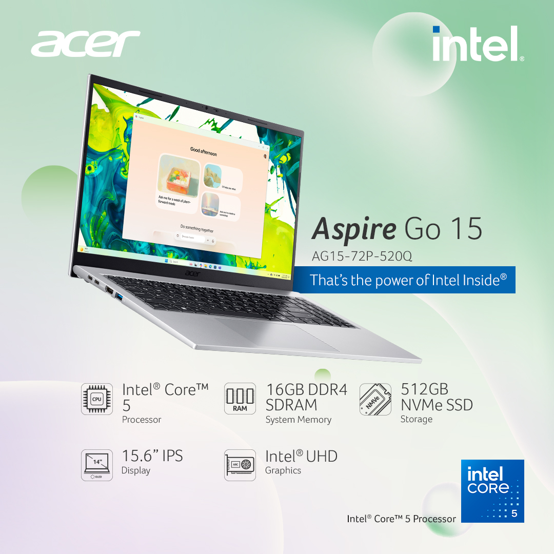 AcerPhils's tweet photo. You know that moment when your laptop freezes right in the middle of an important presentation? The #AcerAspireGo 15 was built so that doesn’t happen. Here’s why:

📂The Intel® Core™ processor powers through every app you have open.
📂The Intel® graphics keep your visuals clear for every slide.
📂The 15.6 display gives you a wider space to see and do more.
📂The 512GB SSD saves all of your projects in one organized space.

The only thing that should stop during your presentation is the applause at the end. Own yours at the Acer Online Store (https://t.co/KbIIbhBYI2) or visit your favorite Acer Concept Store or Authorized Reseller today.