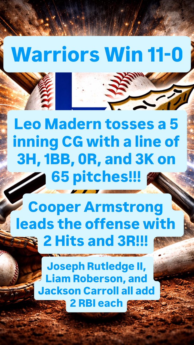 ILHS_baseball's tweet photo. Warriors take the series with an 11-0 Win over @CloverBaseball_. 

Warriors will look to Sweep the series Friday @ Home @ 7:30. 

@PrepBaseball_SC @diamondprospect @FortPrep @AndrewChodes_ @BCAofSC @SCHSL @ILHS_Sports @HalBagwell https://t.co/ppWBGTKIW5