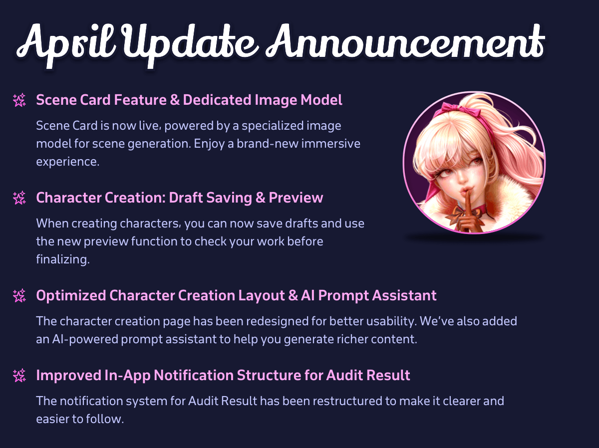 JuicychatAI's tweet photo. ✨April Update Announcement✨
#Juicychat #juicychatai https://t.co/wUGqFOBmvw