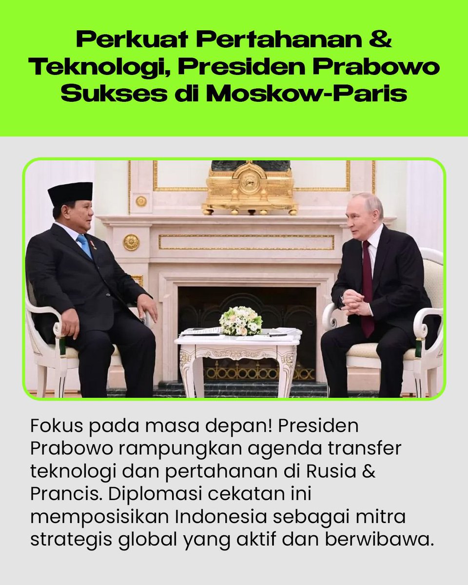Riyah_na99's tweet photo. Langkah diplomasi yang kuat untuk masa depan Indonesia. Lawatan Presiden Moscow Paris menunjukkan komitmen membangun kerja sama teknologi dan pertahanan yang lebih maju.  
#DiplomasiStrategisPrabowo https://t.co/ZQsLDPtgIk