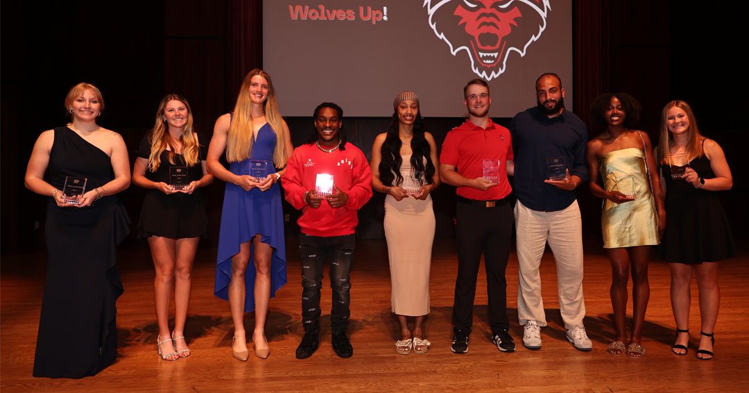 AStateRedWolves's tweet image. Our student-athletes got all dressed up for the 2026 State Awards tonight! Congratulations to these "Pulse of the Pack" award winners as well as your Terry Gwin Student-Athlete of the Year honorees: Daedrianna Cail and Thomas Schmidt! #WolvesUp