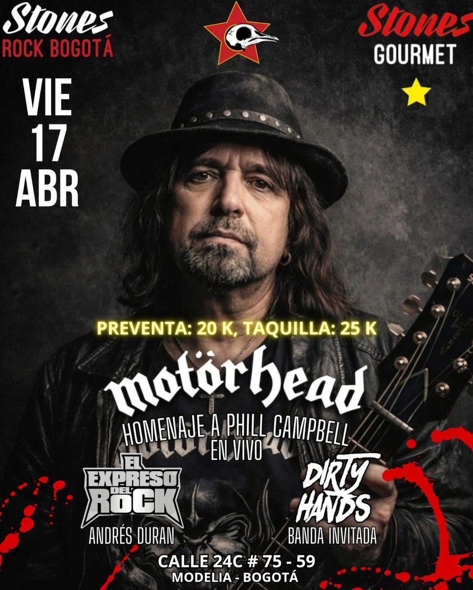 andresduranrock's tweet photo. ⚡🔥 HOMENAJE A PHILL CAMBEL EN BOGOTA VIERNES 17

🎸 Homenaje  a  Phil Campbell Guitarrista #motothead

🔥 DJ set en vinilo con El Expreso del Rock  – Andrés Durán

🔥 Banda invitada: Dirty Hands
💣 PREVENTA: 20K | TAQUILLA: 25K
📍 @4GBStonesRock Bogotá 
📌 Calle 24C # 75 - 59 https://t.co/mKXpoPC2Je