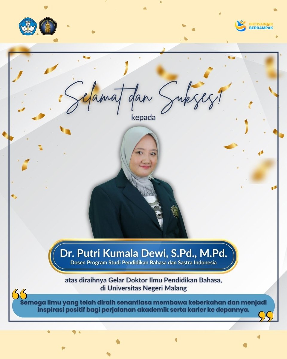 FIBUB_OFFICIAL's tweet image. [Selamat dan sukses kepada Dr. Putri Kumala Dewi]

Salam Budaya!

Hai #FIBers

Selamat dan sukses kepada Dr. Putri Kumala Dewi, S.Pd., M.Pd., Dosen Program Studi Pendidikan Bahasa dan Sastra Indonesia, atas diraihnya Gelar Doktor Ilmu Pendidikan Bahasa di Fakultas Sastra,