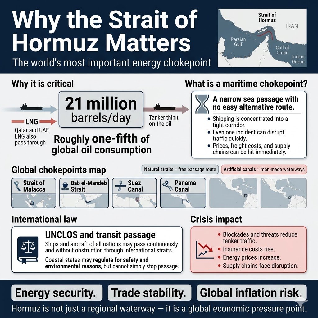 Strait of Hormuz is the world’s key energy chokepoint

👉About 21 million barrels of oil a day 
👉Roughly 1/5th of global consumption pass through it
👉Major LNG flows to Asia. 

Under UNCLOS, ships have transit passage rights, so blockades quickly hit prices and supply chains.