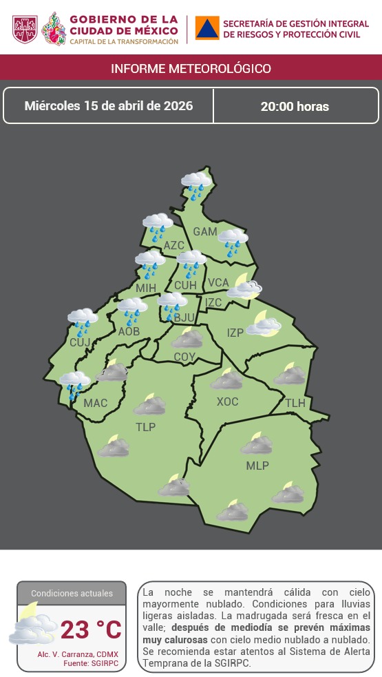 SGIRPC_CDMX's tweet image. La noche se mantendrá #cálida con cielo mayormente #nublado. Condiciones para #lluvias ligeras aisladas.
La madrugada será fresca en el valle; después de mediodía se prevén máximas muy calurosas con cielo medio nublado a nublado.

🌡️#Temperatura actual: 23° C.

Mantente