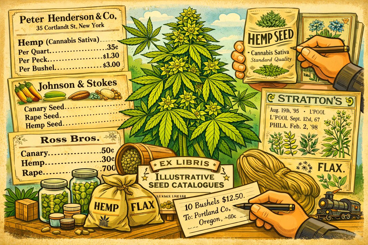 📚🌿 Le cannabis dans les ex-libris, catalogues et réclames de semences agricoles

Avant d’être un tabou, le chanvre fut aussi une ligne de catalogue.
Dans les anciens imprimés commerciaux, il apparaît non comme scandale, mais comme culture à vendre, graine à commander, matière à