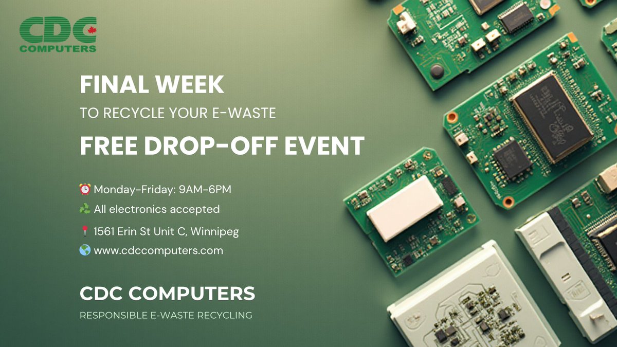 CDCComputers's tweet photo. ⏰ Final week to recycle your e-waste.
♻️ FREE drop-off at CDC Computers.
📍 1561 Erin St Unit C, Winnipeg
🌐 https://t.co/zmCEhaYSMn
#LastChance #EWaste #CDCComputers https://t.co/5MmnR5Figl