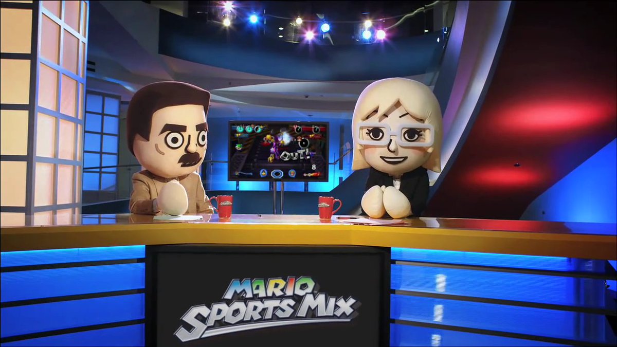 Two Miis named Mii-guel (later Michael) and Mii-chelle (later Lisa) [citation needed] take the role of sports anchors in North American commercials of Mario Sports Mix