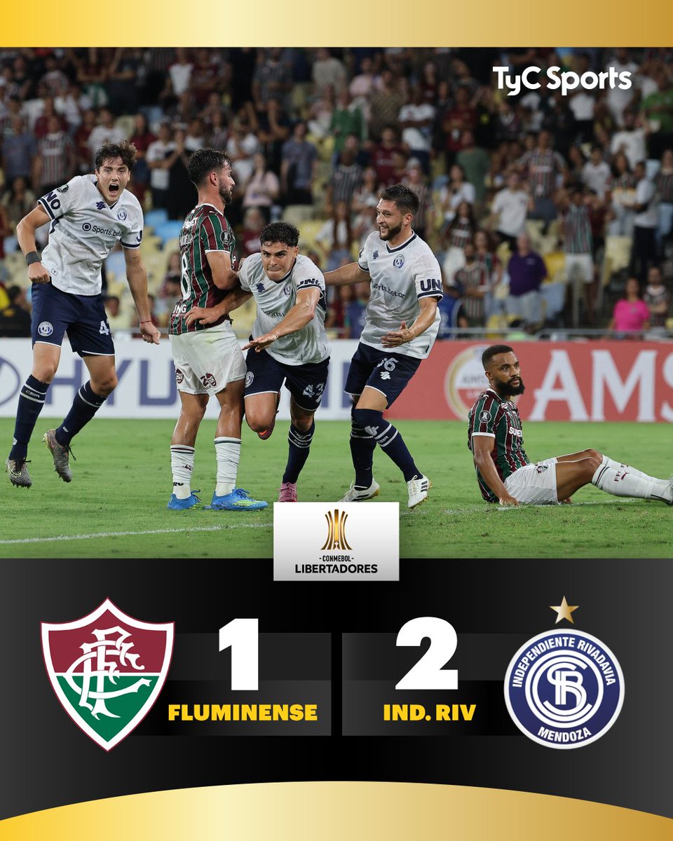 TyCSports's tweet image. HISTÓRICO: ¡LA LEPRA MENDOCINA DERROTÓ AL FLU EN EL MARACANÁ! ☑️ 

Por la fecha dos del Grupo C, #IndependienteRivadavia dio vuelta el resultado inicial y le ganó 2-1 a #Fluminense. Arana había adelantado a los Cariocas, pero Sartori y Arce marcaron para la victoria de los