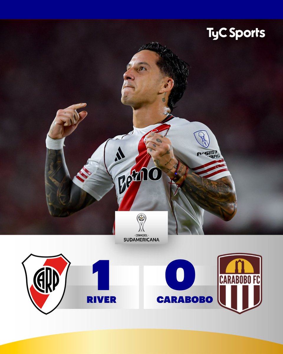 TyCSports's tweet image. ¡TRIUNFO DE RIVER EN EL MONUMENTAL!

Por la segunda fecha de la #CopaSudamericana, el Millonario se impuso 1-0 ante #Carabobo gracias al gol de Driussi. Con la victoria, el Millonario lidera el Grupo H con cuatro puntos.
