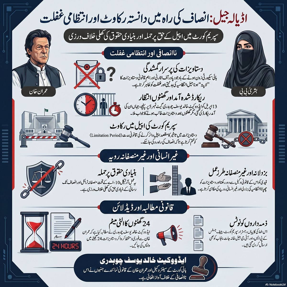 اڈیالہ جیل میں عمران خان اور بشریٰ بی بی کے خلاف جاری انتقامی کارروائیوں نے ملک کے نظامِ عدل پر سوالیہ نشان لگا دیا ہے۔ قانونی دستاویزات کی دانستہ گمشدگی اور وکلاء کو رسائی نہ دینا سپریم کورٹ میں اپیل کے حق کو ختم کرنے کی ایک گھناؤنی سازش ہے۔  ہم اس انتظامی غفلت اور ناانصافی کے