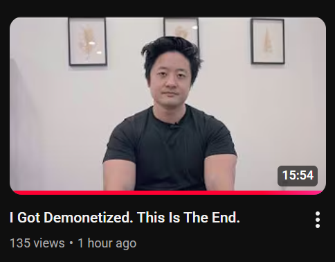 If you want to see how completely insane and pointless YouTube AI moderation and demonetization for "Inauthentic Content" has gotten..

Just watch this video from Steven - <a href="/stevenyjsong/">Steven</a> 

We're COOKED. This is literally a Black Mirror episode.