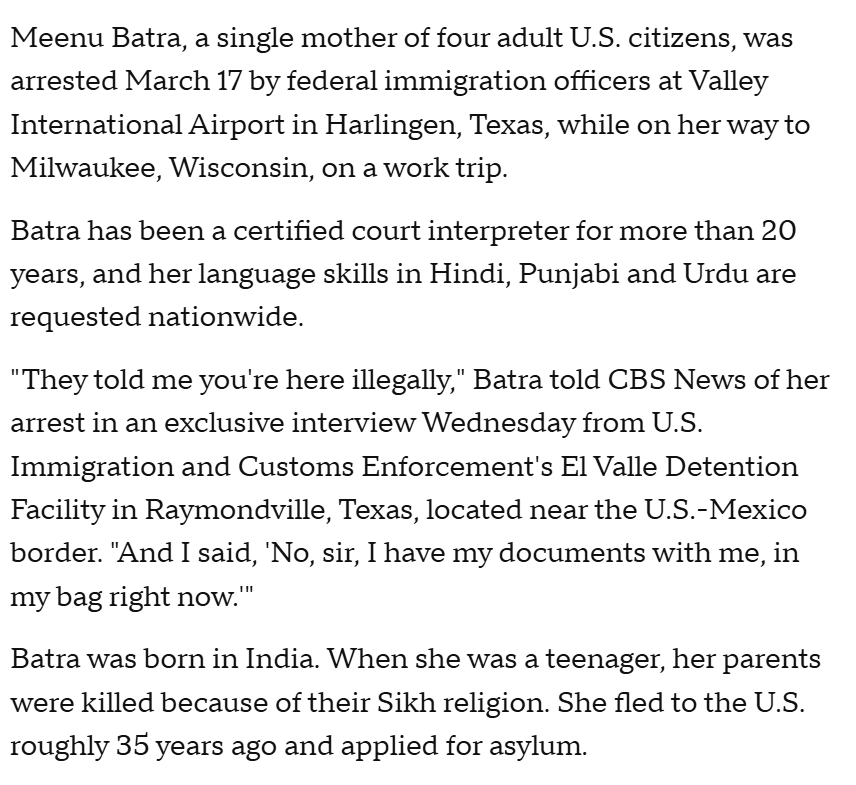 Ms. Batra won "withholding of removal" over 25 years ago. While the government can deport someone with withholding to a third country, prior to 2025, almost everyone who won withholding was allowed to stay indefinitely. Now, despite decades of lawful behavior, ICE is jailing her.