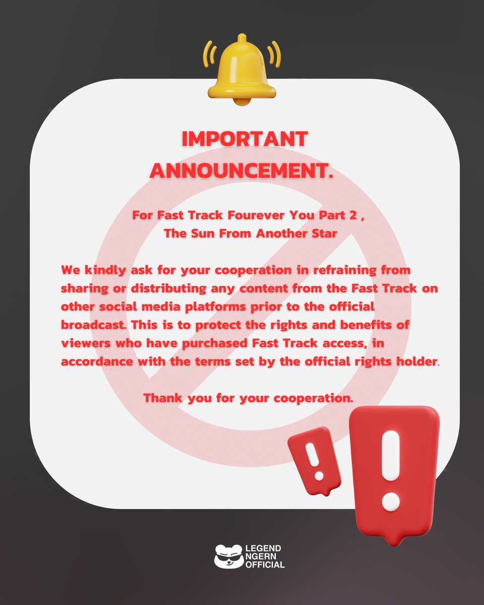 IMPORTANT ANNOUNCEMENT | ประกาศขอความร่วมมือ

สำหรับ Fast Track Fourever You Part 2 | The Sun From Another Star

ขอความร่วมมือผู้ชมทุกท่าน ไม่นำเนื้อหาใน Fast Track ออกมาเผยแพร่ในสื่อโซเชียลช่องทางอื่น ก่อนมีการออกอากาศอย่างเป็นทางการโดยเด็ดขาด