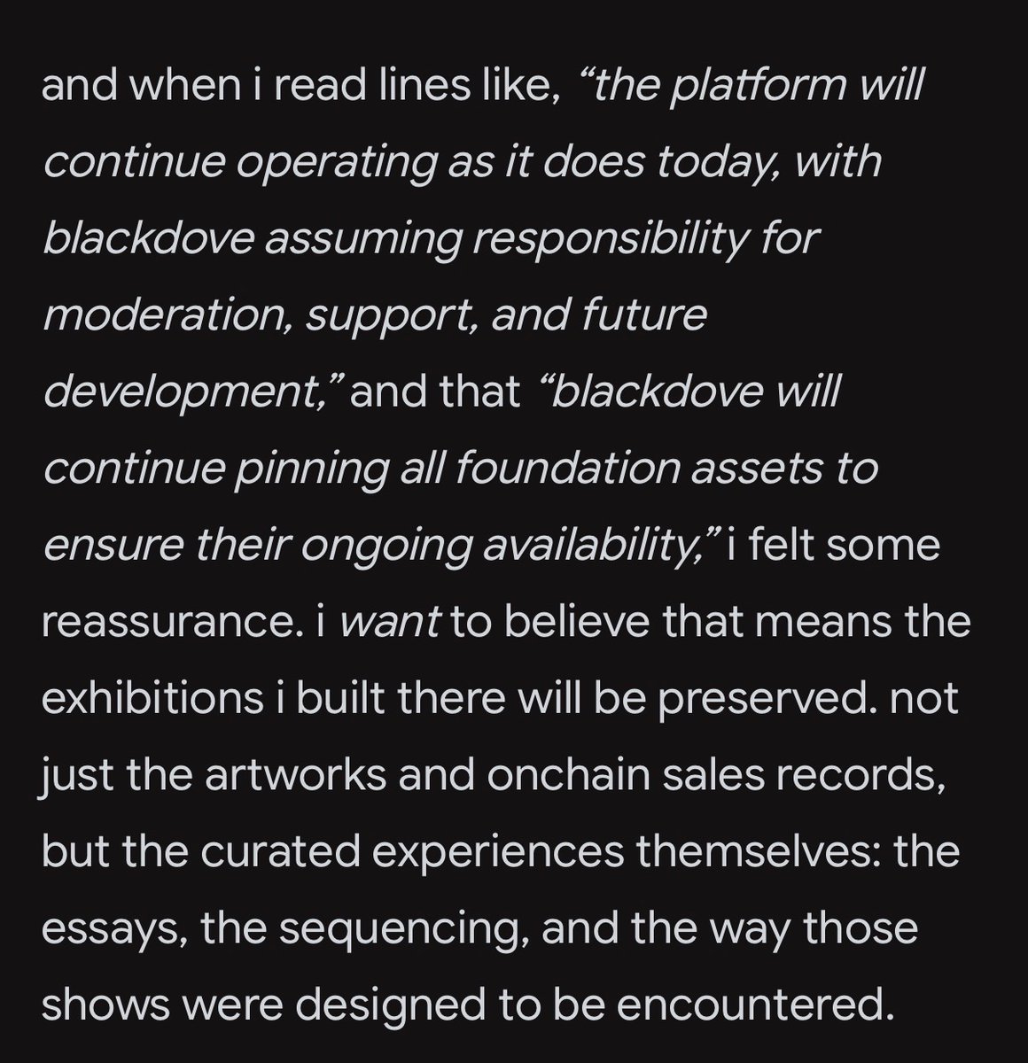 juujuumama's tweet photo. when i first found out about the blackdove acquisition of foundation in february i wrote an article on @paragraph_xyz about it

turns out they will not deliver any of those promises and my gut feeling was right https://t.co/lVldVQ46zV