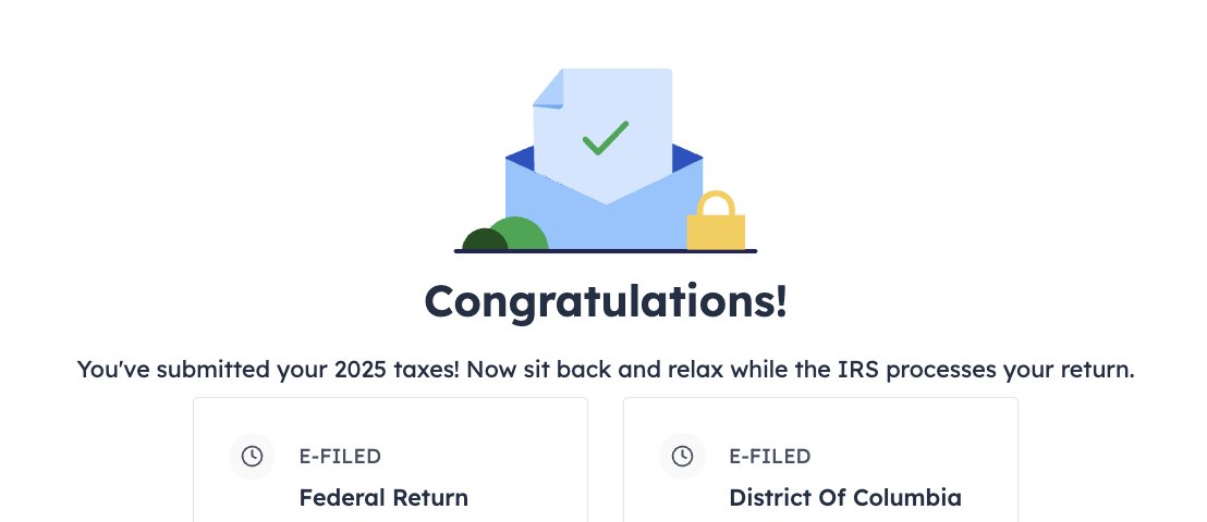 Tax filing confirmation showing successful e-filing of Federal and DC returns via Codex and FreeTaxUSA