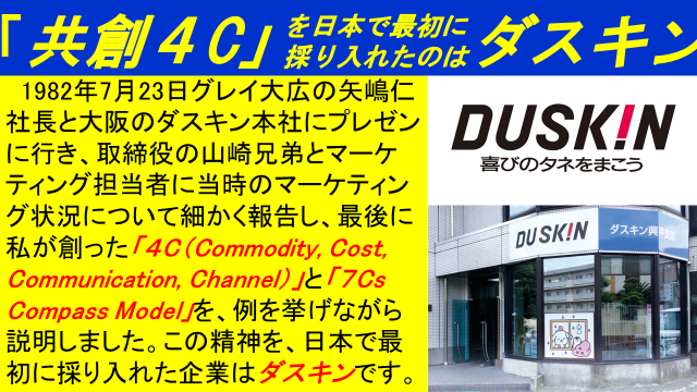 ShimizuJosai's tweet photo. 「共創４C」を日本で最初に採り入れたのはダスキンです。1982年グレイ大広の矢嶋仁社長と大阪のダスキン本社にプレゼンに行きました。＃城西大学 ＃早稲田大学 #慶應大学 ＃國學院大學 ＃小泉進次郎 ＃水森かおり ＃辰巳ゆうと #電通  ＃文化放送 ＃カルビー ＃コモディイイダ ＃イオン ＃ウエルシア https://t.co/E5CIx8NySw