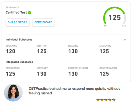 PracticeDET's tweet image. 🇧🇷 Beatriz Santos scored 125 on the Duolingo English Test in 1 month.

With AI Tutor and Practice Tests on detpractice.com, she improved response quality and timing.
👉 Grab your 3-day FREE VIP and start building better answers today.

#DuolingoEnglishTest #DET