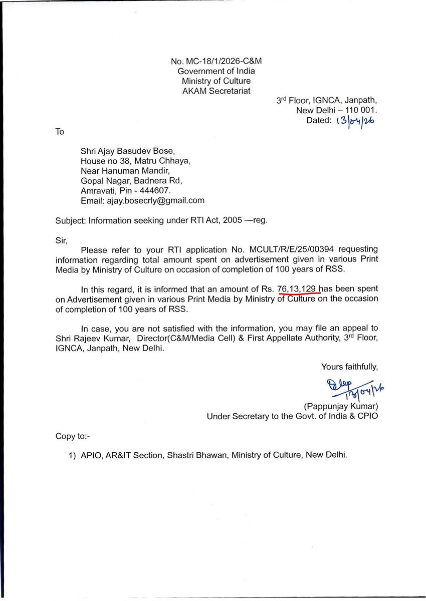 AjayBos93388306's tweet image. RTI reply shows Min of Culture Govt of India spent a Whopping Rs 76L,13K,129 on Advertisement in Print Media on occasion of 100 yrs of #RSS 
When Everyone knows RSS is Not Registered &amp;amp; Does not Pay any Tax is it justified to spend Tax Payers Money on such Private event??
@RSSorg