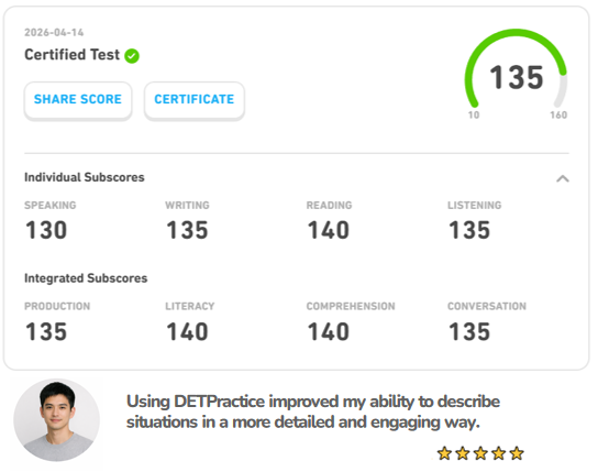 PracticeDET's tweet image. 🇨🇳 Chen Hao scored 135 on the Duolingo English Test in 2 months.
With Mock Tests and AI Correction on detpractice.com, he improved clarity and consistency.
👉 Start your 3-day FREE VIP and train smarter for the DET.
#DuolingoEnglishTest #DET #detpractice