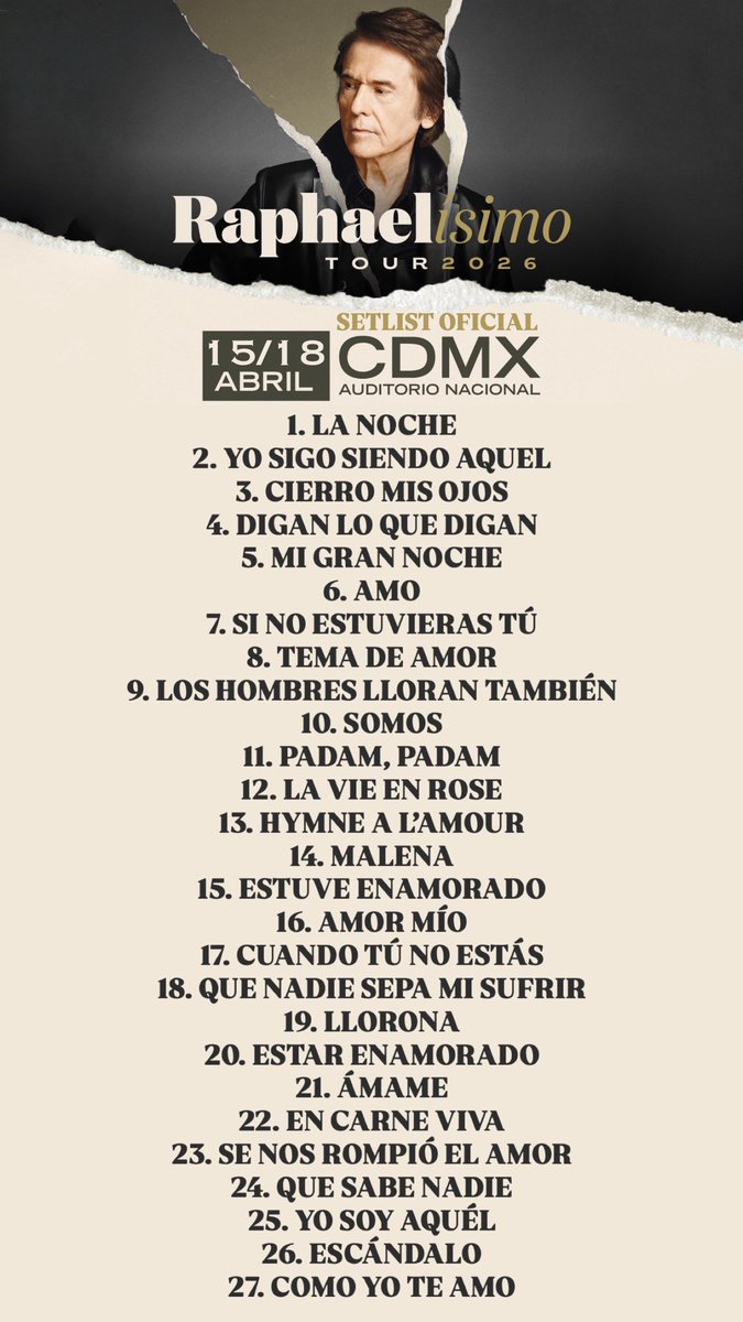 ailoviutl's tweet image. Les comparto el SETLIST OFICIAL de: RAPHAEL @ Auditorio Nacional; CDMX 🏟️ Miércoles 15 de Abril del 2026 🗓️ México 🇲🇽 Raphaelisimo Tour 🎤

🚨 Repertorio con la lista exacta de canciones que cantará esta noche 🚨

#Raphael #Music #Música #Concierto #Concert #Raphaelisimo #México
