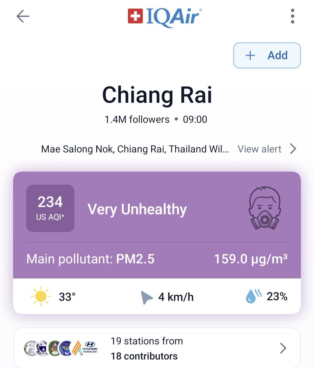 KhaosodEnglish's tweet image. Chiang Rai province is facing very unhealthy air again today due to high level of PM2.5 microdust Thursday morning, according to IQAir app. Chiang Mai City is at # 5 among the most air-polluted major cities in the world. Bangkok’s air is moderate. #Thailand #ChiangRai #ChiangMai