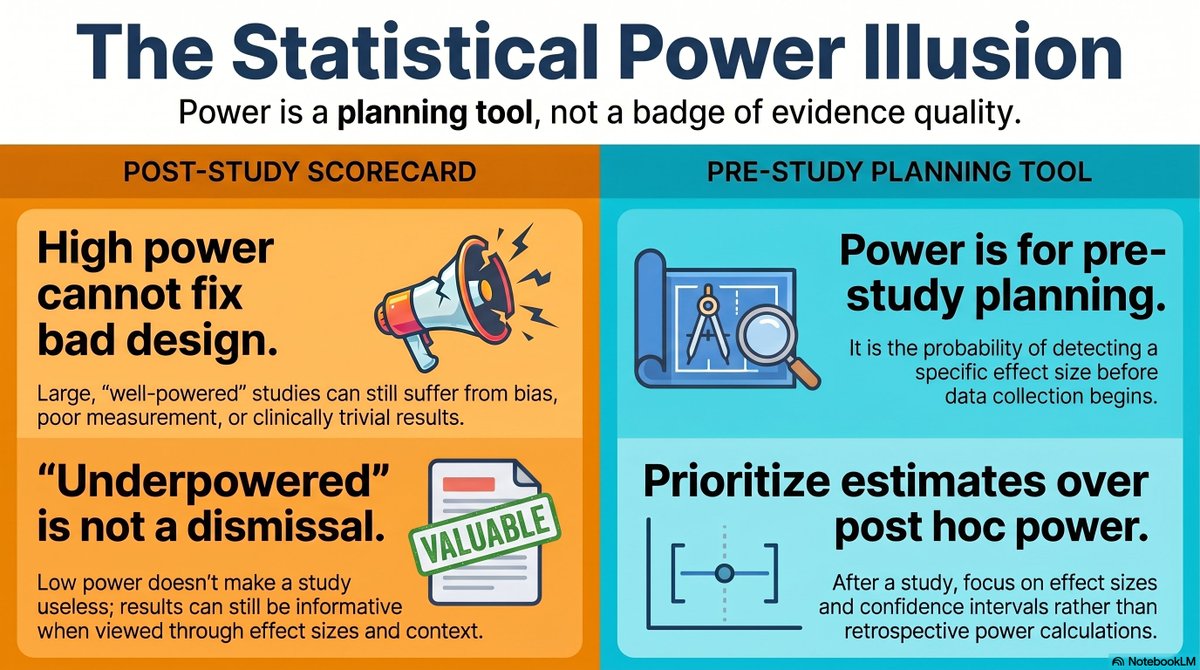 BJANALYTICS's tweet image. Calling a study “underpowered” or “well-powered” often hides the real issue: what the estimate actually means.👇 

🎧Listen to the audio version here: podcasts.apple.com/us/podcast/dat…

#biostatistics #statisticalpower #publichealth #healthresearch #uncertainty #inference #effectsize #cdc